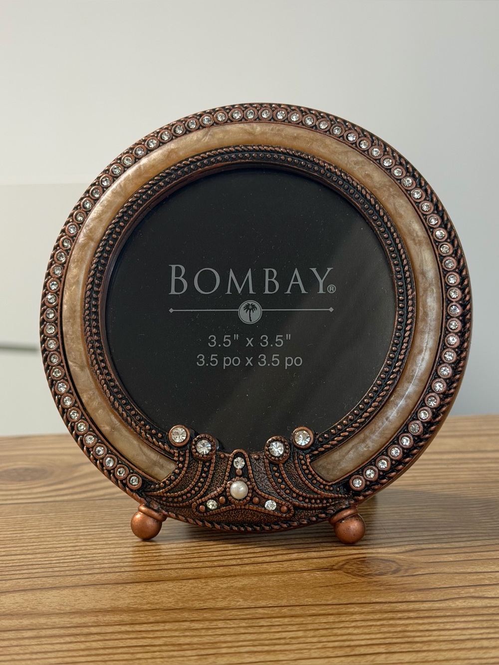 Round Footed Picture Frame Pearlized Trim Rhinestones Bombay Company 3.5”x3.5”